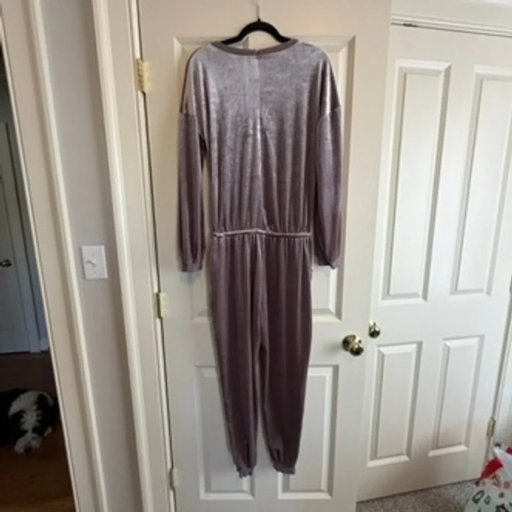 Easel Womens Mauve Purple Velvet Long Sleeve Drawstring‎ Jogger Jumpsuit Size S
